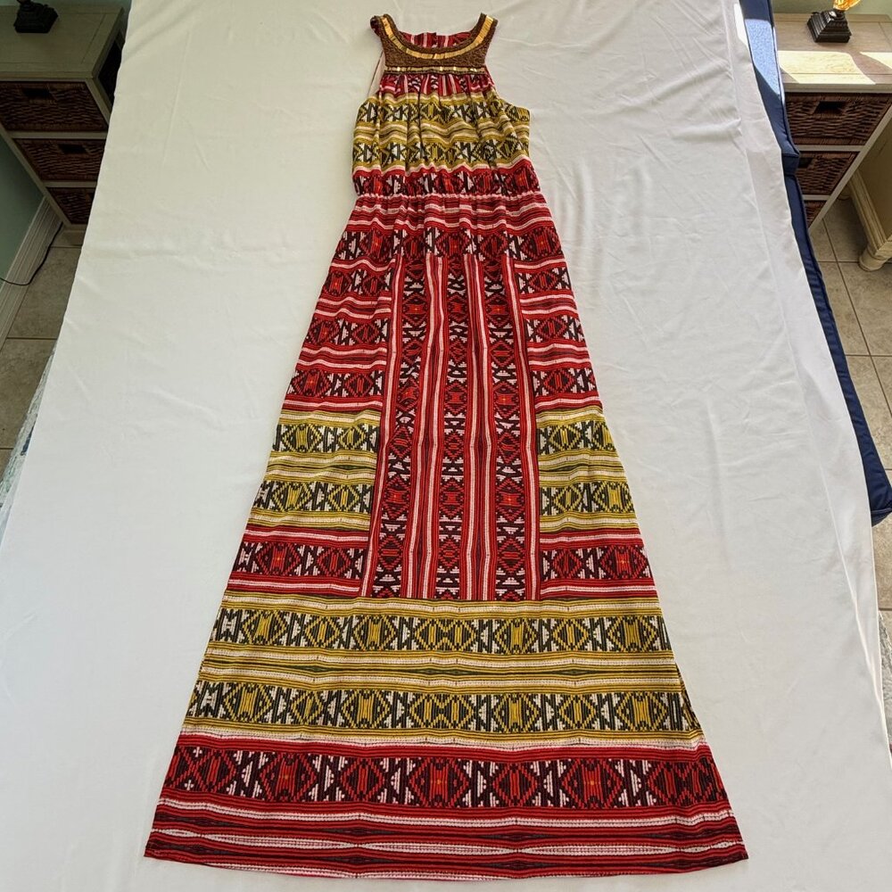 Cremieux Aztec Print Maxi Dress Bronze Beaded Collar Size S‎